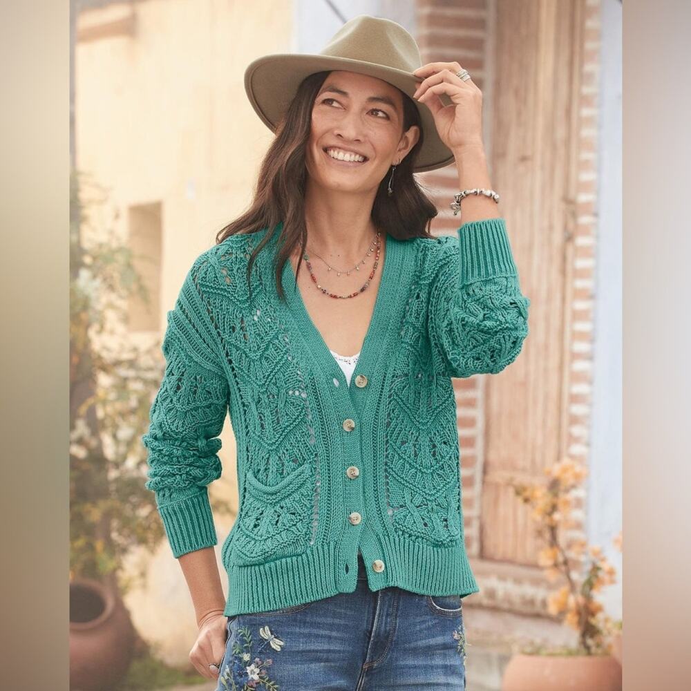 Sundance Catalog Cottagecore Aveline Cardigan Sea Green Knit Sweater Pointelle